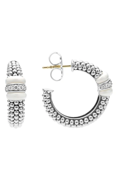 Lagos Ceramic & Sterling Silver White Caviar Diamond Hoop Earrings