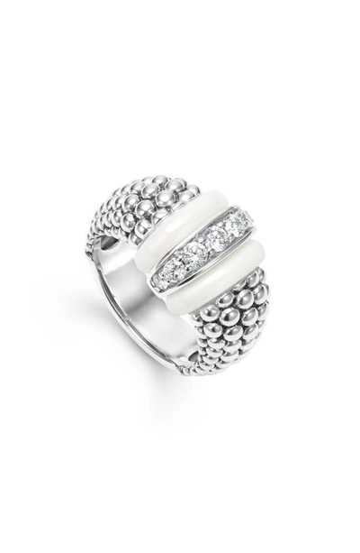 Lagos White Caviar White Ceramic Diamond Large 1-link Ring In Silver/diamond