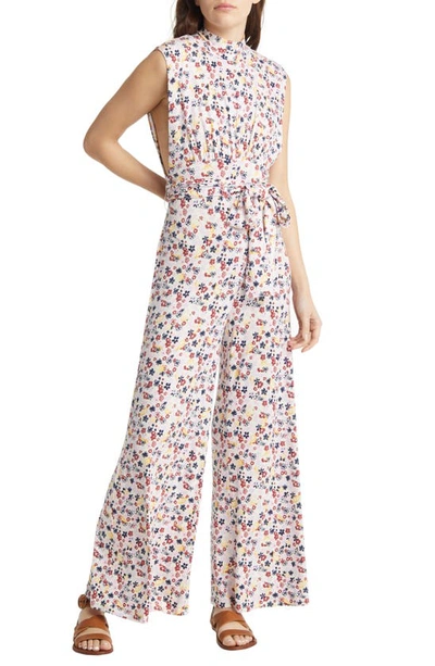 Free People Vibe Check Tie Waist Jumpsuit In Tea Ditsy Shell
