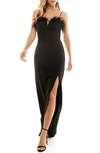 Speechless Feather Trim Scuba Crepe Gown In Black 2