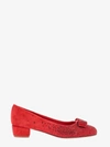 Ferragamo Red Suede Crystal Embellished Vara Bow Block Heel Pumps In Red