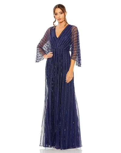 Mac Duggal Beaded Striping Kimono Sleeve V-neck Gown In Navy