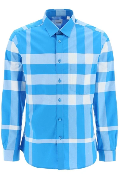 Burberry Check Stretch Cotton Poplin Shirt In Light Blue