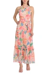 MAGGY LONDON FLORAL PRINT TIERED APRON MIDI DRESS