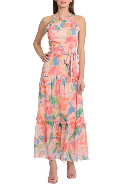 Maggy London Floral Print Tiered Apron Midi Dress In Multi