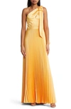 AMSALE PLEATED ONE-SHOULDER SATIN GOWN