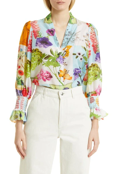 Alice And Olivia Ilan Smocked-sleeve Button-front Blouse In Multi