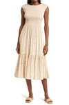 Treasure & Bond Smocked Sleeveless Midi Dress In Tan Stamped Blooms