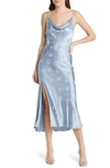 Lulus All About You Slate Blue Floral Jacquard Satin Midi Dress In Slate Blue Floral Jacquard