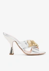 MOSCHINO 100 CRYSTAL LOGO SANDALS IN METALLIC LEATHER,MA2830AC1GMC5902 VIT METAL ARGENT