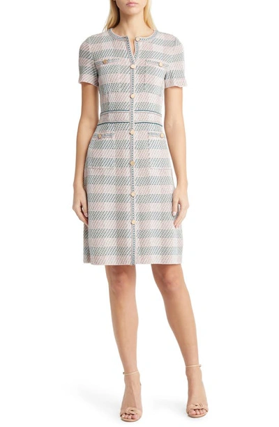 Misook Bold Plaid Knit Sheath Dress In Rose