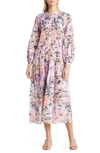 Misook Floral Drop Waist Balloon Sleeve Midi Dress In Rose P/ Multi