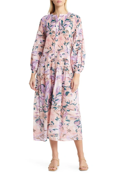 Misook Floral Drop Waist Balloon Sleeve Midi Dress In Neutral