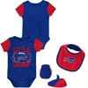 OUTERSTUFF NEWBORN & INFANT ROYAL/RED BUFFALO BILLS LITTLE CHAMP THREE-PIECE BODYSUIT BIB & BOOTIES SET