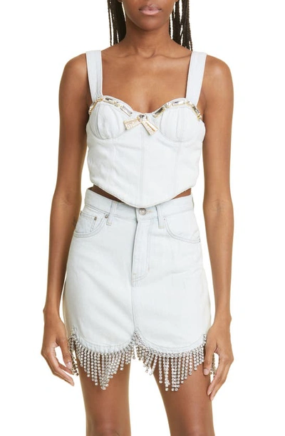 Area Crystal Trim Denim Bustier Top In Pale Blue