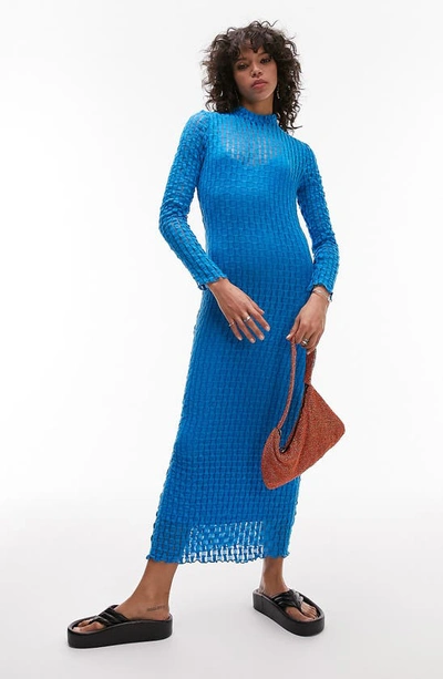 Topshop Lace Jersey Long Sleeve Dress In Blue