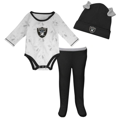 Outerstuff Babies' Newborn And Infant Boys And Girls White, Black Las Vegas Raiders Dream Team Onesie Pants And Hat Set In White,black