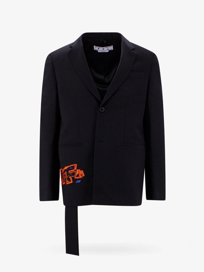 Off-white Wool Blend Blazer With Embroidered Multicolor Logo In Black