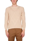 Ballantyne Cotton Cable Stitch Crew Neck Sweater In Beige