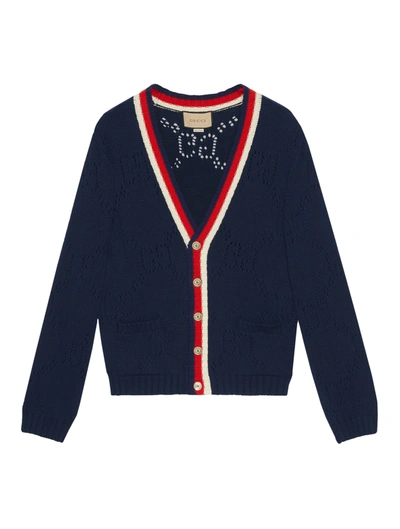Gucci Perforated Gg Cotton Cardigan In Blue