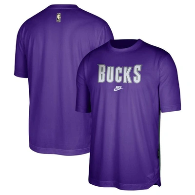 Nike Purple Milwaukee Bucks Hardwood Classics Pregame Warmup Shooting Performance T-shirt In Purple,hunter Green
