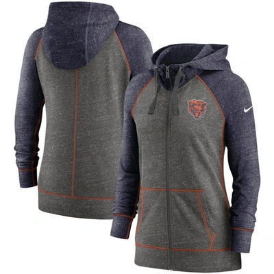 NIKE NIKE HEATHERED CHARCOAL/NAVY CHICAGO BEARS GYM VINTAGE RAGLAN FULL-ZIP HOODIE