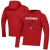 UNDER ARMOUR RED WISCONSIN BADGERS 2023 ON COURT BENCH SHOOTING LONG SLEEVE HOODIE T-SHIRT