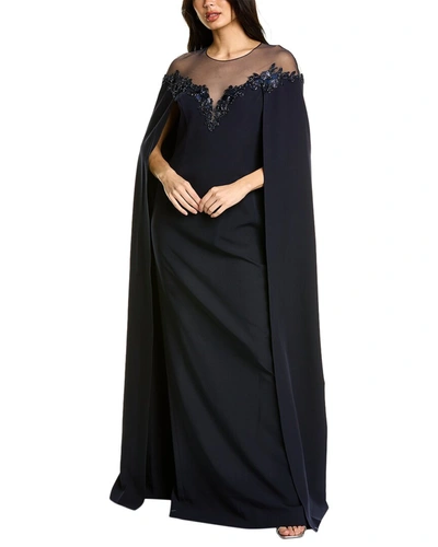 Marchesa Notte Bead-embellished Cape Gown In Blue