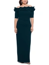 Xscape Long Crepe Off The Shoulder Ruffle Short Sleeve Dress In Silver