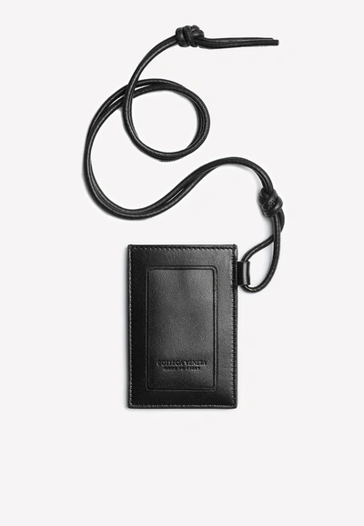 Bottega Veneta Badge Holder With Shoulder Strap In Intreccio Leather In Black