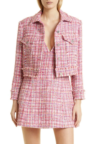 Alice And Olivia Kidman Cropped Embellished Tweed Jacket In Pink