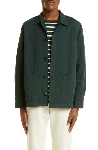 Sunspel Cotton & Linen Button-up Chore Coat In Seaweed