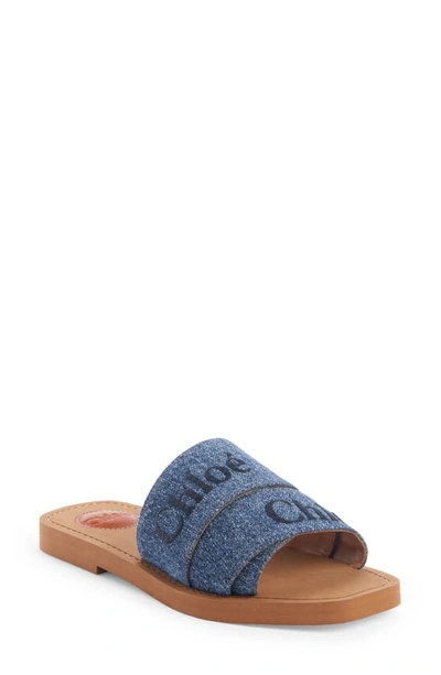 Chloé Woody Logo-embroidered Denim Sandals In Blue