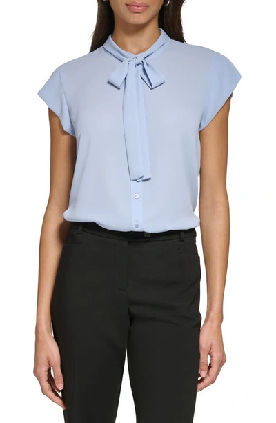 Calvin Klein Petite Tie-neck Button-front Cap-sleeve Top In Dusk