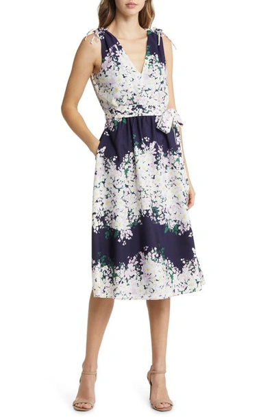 Vince Camuto Floral Crêpe De Chine V-neck Midi Dress In Navy Multi
