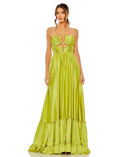 Mac Duggal Ruched Tiered Criss Cross Spaghetti Strap Gown In Chartreuse