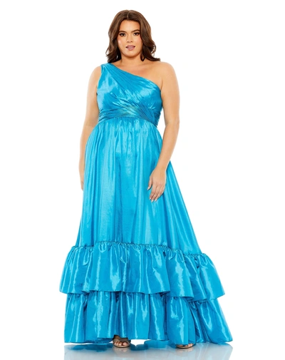 Mac Duggal One Shoulder Asymmetrical Ruffle Hem Gown In Turquoise