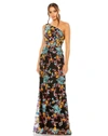 Mac Duggal One Shoulder Floral Sequin Lace Up Gown In Black Multi