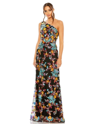Mac Duggal One Shoulder Floral Sequin Lace Up Gown In Black Multi