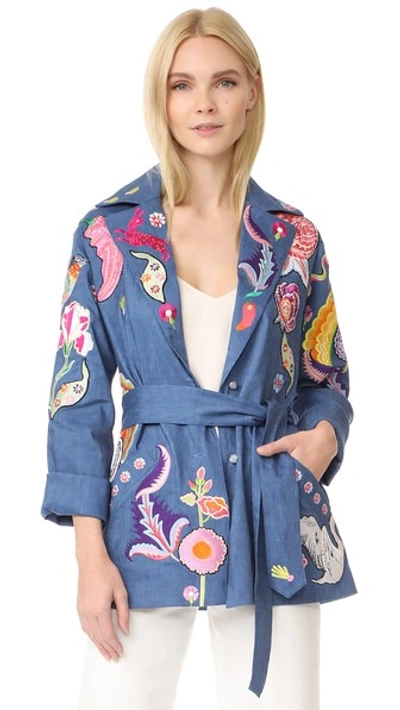 Temperley London Hermia Embroidered Stretch Linen And Wool-blend Jacket In Blue/multi