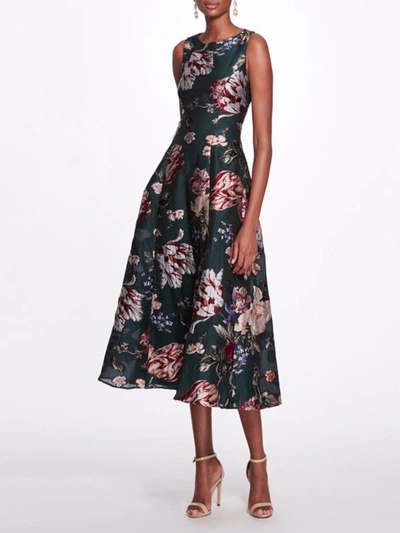 Marchesa Floral Fil Coupé Tea-length Gown In Forest Green