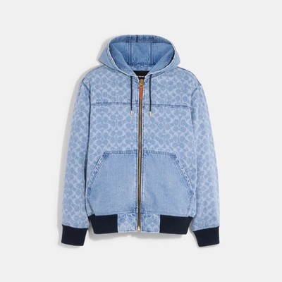 Coach Outlet Signature Denim Hooded Zip Up Jacket In Blue