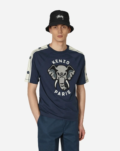 Kenzo Blue Crewneck T-shirt With Elephant And Logo Print In Cotton Man In Dark Blue