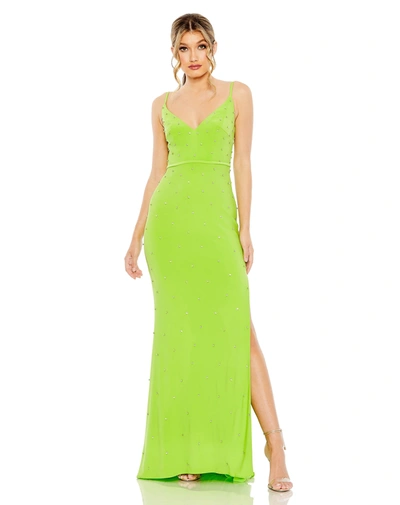 Ieena For Mac Duggal Rhinestone Embellished V-neck Gown In Apple Green