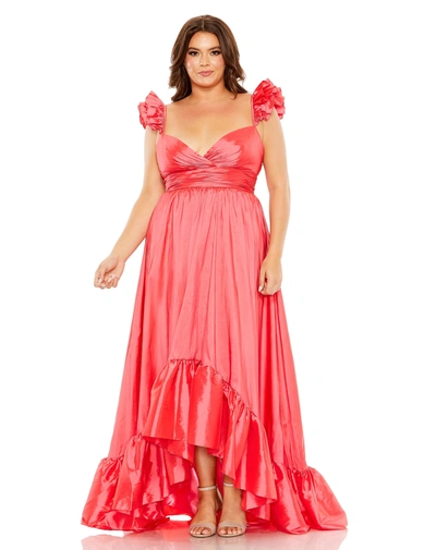 Mac Duggal Pink Ruffle Strap High Low Gown (plus) In Watermelon