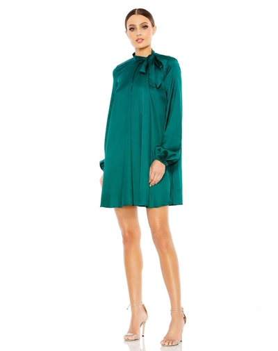 Mac Duggal Soft Tie High Neck Pull Sleeve Shirt Dress In Emerald