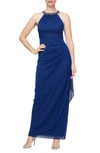 ALEX EVENINGS EMBELLISHED HALTER RUCHED COLUMN FORMAL GOWN