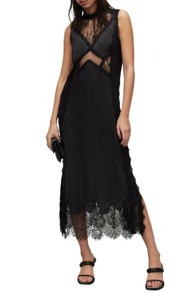 Allsaints Mila Lace Trim Midi Dress In Black