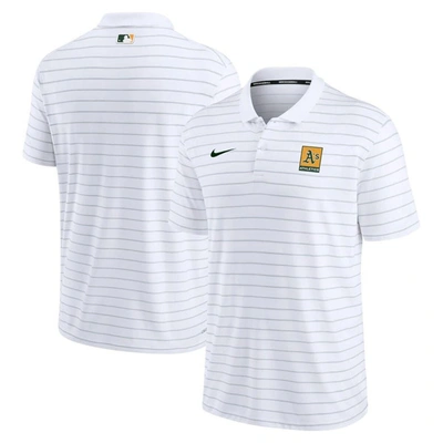 NIKE NIKE WHITE OAKLAND ATHLETICS AUTHENTIC COLLECTION STRIPED PERFORMANCE PIQUE POLO