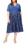 ALEX EVENINGS TEA LENGTH JERSEY & ROSETTE LACE DRESS